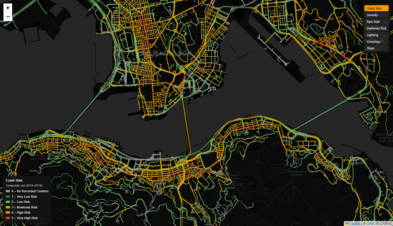 Hong Kong road network map showing composite crash risk across the territory
