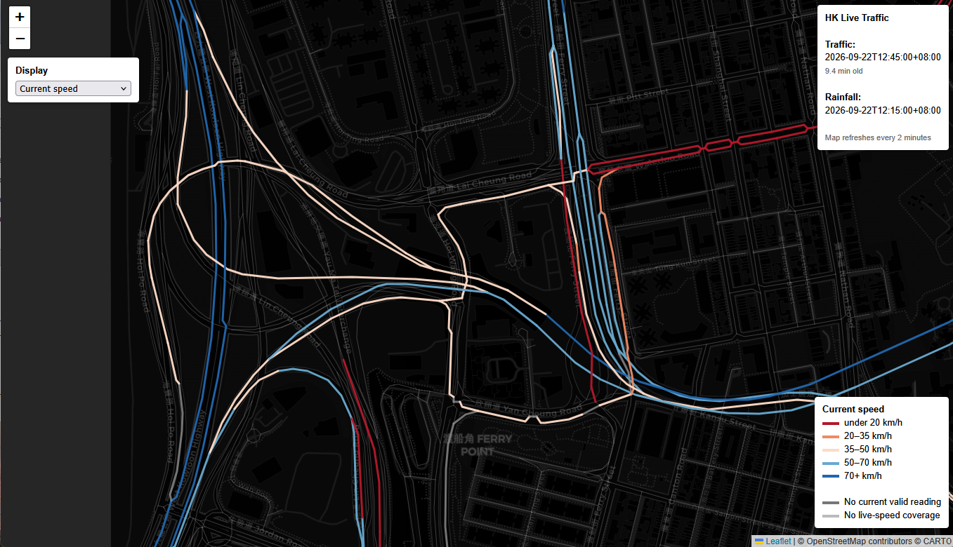 Live Hong Kong traffic speed map showing color-coded current road speeds and update times